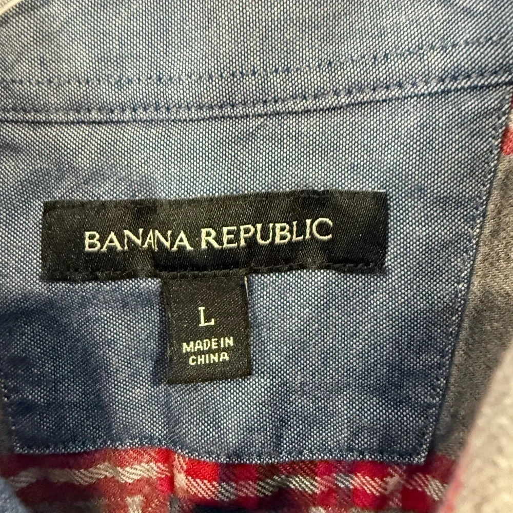 Banana Republic Shirt Plaid Flannel 100% Cotton Button Down Gray Red Size Large